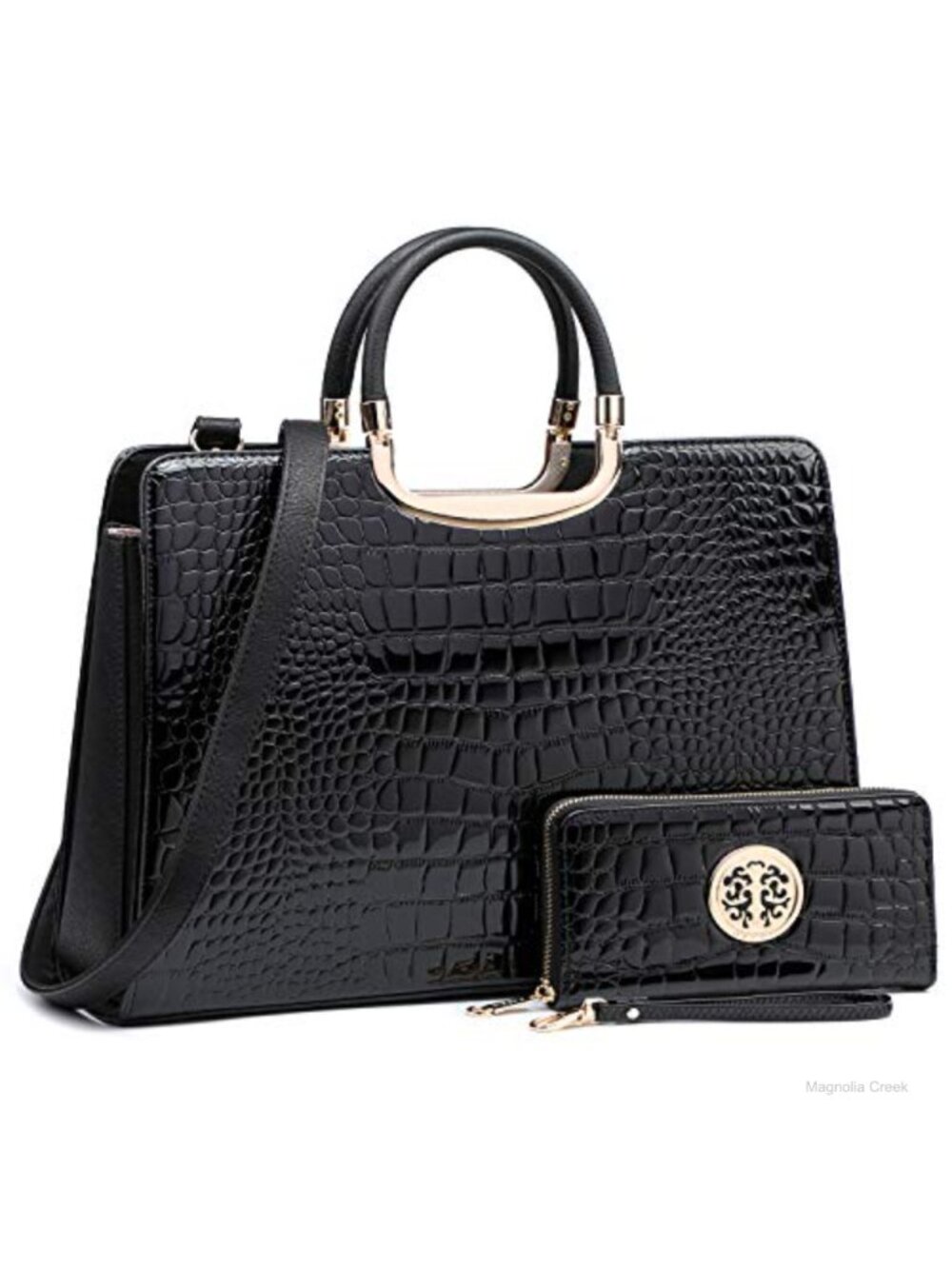 Vegan PU Croco Satchel Purse with Matching Wallet and Shoulder Strap